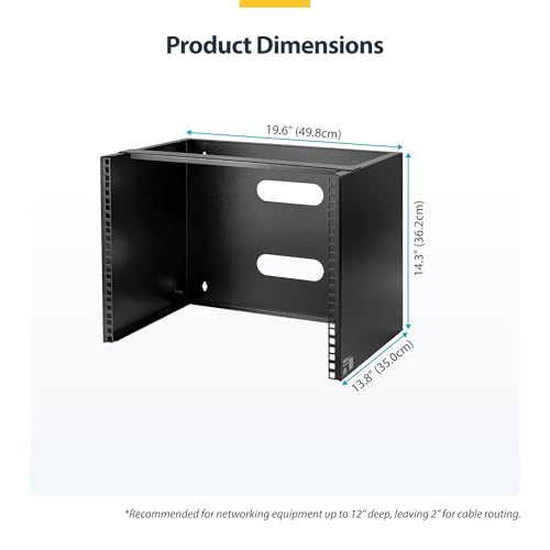 StarTech 8U 19in Wall-Mount Patch Panel Bracket, 13.75in, 80lb (WALLMOUNT8) | Low-profile shallow bracket, M6 screws and cage nuts, Ships assembled, Installs onto 16in studs - size: 8U