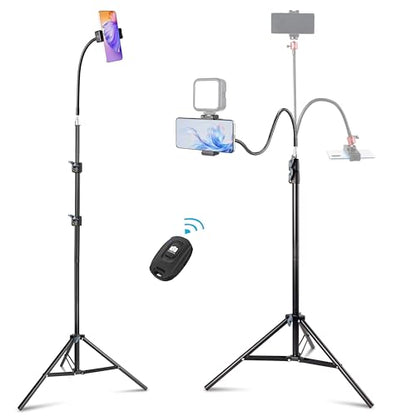 Phone Tripod Stand, UEGOGO 86" Tall Tripod with Flexible Gooseneck & Bluetooth Remote, Adjustable Phone Holder for Video Recording, Selfies, Live Streaming, Compatible with iPhone & Android