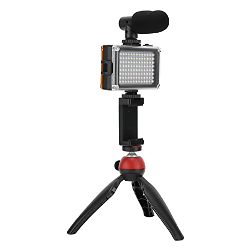 Portable Live Video Kit, Mobile Phone Photography Set with Fill Light Microphone Tripod and Phone Holder for Vlogging Live Streaming (Red) - color: Red