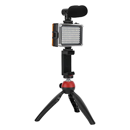 Portable Live Video Kit, Mobile Phone Photography Set with Fill Light Microphone Tripod and Phone Holder for Vlogging Live Streaming (Red) - color: Red