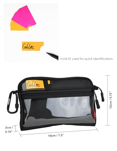 Video Accessories Organizer Pouch with Clear Window, 900D PU Utility Bag for Camera Accessories, Cable Storage, Battery Case, Small Tool Bag with Carabiner & ID Labels, for Travel Filming