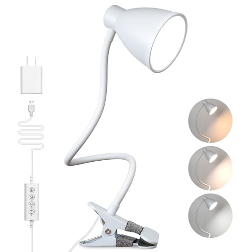 BOHON Clamp Lamp 5 Color Modes 10 Brightness Dimmer Bedside Lamp, White | Reading Light 10W 38 LED Desk Lamp with Auto Off Timer 360° Flexible Gooseneck Clip on Light for Bed Office, Adapter Include - color: White