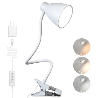 BOHON Clamp Lamp 5 Color Modes 10 Brightness Dimmer Bedside Lamp, White | Reading Light 10W 38 LED Desk Lamp with Auto Off Timer 360° Flexible Gooseneck Clip on Light for Bed Office, Adapter Include - color: White