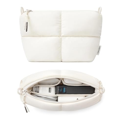 Comfyable Puffy Electronics Organizer Travel Case, Cute Tech Pouch for Women Men, Cable Storage Bag for Charger, Phone, Power Bank, Cord, Compact Tech Accessories Pouch, Rice - color: Rice