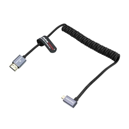 Alvin's Cables Right Angle Micro HDMI to HDMI Cable 8K@60Hz 4K@120Hz, Braided Coiled HDMI 2.1 for Sony A7RIII/A7II/A7M3, Canon R5/M6, Fujifilm X-T4/X-T3, GoPro, Nikon - Ultra Durable - color: Black, style: Right Angle micro HDMI