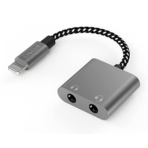 Cubilux Lightning Dual Headphone Splitter [Aluminum Case, Apple MFi Certified] Double 3.5mm Audio Jacks Splitter for 2 Earphones Compatible with iPhone 14 Pro Max 14 Plus/13/12/11/SE 2/Xr/Xs Max, iPad - color: Dual Headphone Jacks, Grey