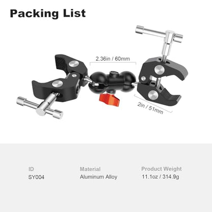 Double Super Clamp Camera Mount with Magic Arm, Aluminum Double Clamp Mount Umbrella Holder for Desk, Studio Light/Boom Stand, Photography Reflector, Cross Bars, Bike/Motor Handlebars (SY004)