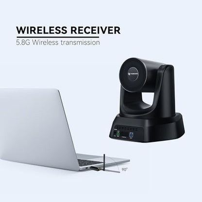 TONGVEO Wireless AI PTZ 20X Zoom Camera with Auto-Tracking: Built-in 5.8GHz Receiver for Cable-Free Setup, 1080P 60fps Conference Camera for Church Services, Online Classes & Hybrid Meetings - color: Gloss