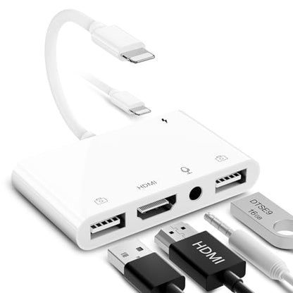 Lightning to HDMI Adapter for iPhone/iPad to TV, Dual USB OTG Adapter with Microphone Input for Live-Streaming, MIDI Keyboard, Mouse, HD TV/Projector/Monitor Compatible (White)