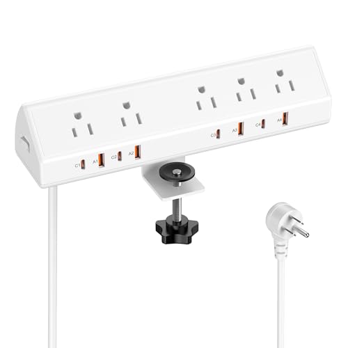 VILONG Desk Clamp Power Strip,65W Total Fast Charging Station,Desk Edge Mount Power Strip,8 USB Ports (4 USB C) & 5 AC Outlets,1200J Surge Protector (White, 6, Feet, Power Strip) - color: White