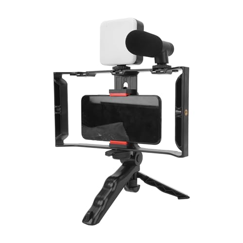 Phone Live Streaming Kit with Fill Light, Wireless Microphone, Sound Cable, Phone Cage & Handheld Tripod for Vlog, Online Teaching, Live Selling, Smartphone Video Rig