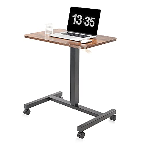 CLATINA Round Edge Design Elegant Mobile Laptop Desk Pneumatic Sit to Stand Table, Height Adjustable Rolling Cart with Lockable Wheels for Home Office Computer Workstation, 28" x 19" Brown - color: Brown, size: No Drawer