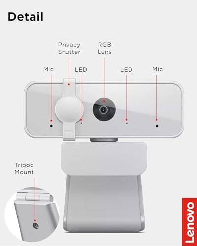Lenovo HD 1080p Webcam (300 FHD) - Monitor Camera with 95° Wide Angle, 360° Rotation Pan & Tilt, Dual Microphones – Attachable Desktop Cam with Privacy Shutter for Remote Work, Streaming & Gaming - color: Cloud Gray, style: 300 FHD
