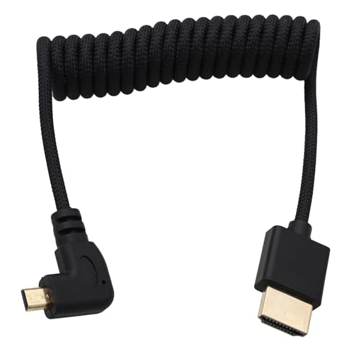 Left Angle Micro HDMI to HDMI 8K 4K 60p Coiled Cable for Ninja V Monitor, Sony A7C R, Canon R6 mkII, XT30II, Lumix S9 Camera, Type A to Type D, Black Braided - color: Black, size: Left Angle to Straight