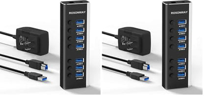 USB Hub 3.0 Powered Rosonway Aluminum 7 Ports USB 3.0 Data Hub Splitter with 24W (12V/2A) Power Adapter and Individual On/Off Switches USB Port Expander for PC and Laptop (RSH-A37S) (Pack of 2) - size: 7-Port Powered USB 3.0 Hub (Pack of 2)