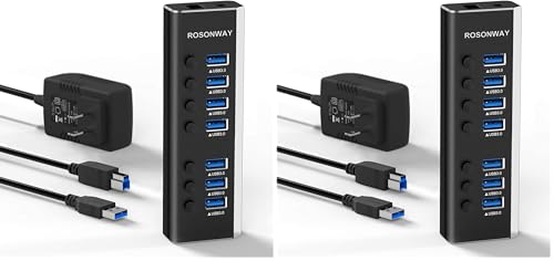 USB Hub 3.0 Powered Rosonway Aluminum 7 Ports USB 3.0 Data Hub Splitter with 24W (12V/2A) Power Adapter and Individual On/Off Switches USB Port Expander for PC and Laptop (RSH-A37S) (Pack of 2) - size: 7-Port Powered USB 3.0 Hub (Pack of 2)