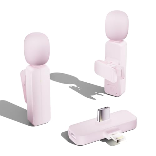 2 Pack Wireless Mini Lavalier Lapel Microphone for iPhone,Android Phone(2 in 1) - 65ft Cordless Clip on Dual Mics with Noise Reduction 6H Working Time for Video Recording Vlogging, YouTube, (Pink)