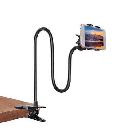 Gooseneck Bed Phone Holder, Flexible Long Arm Clip On Phone Holder for Bed, Desk, Headboard, Bedside, 360 Adjustable Cell Phone Clamp Mount Stand, All 4-7" Cellphone