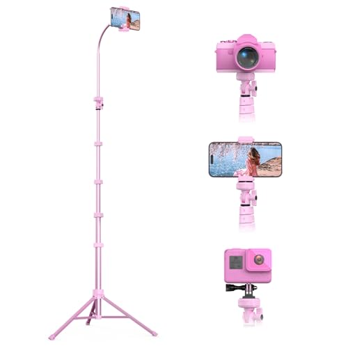 UBeesize 88’’ Flexible Phone Tripod with 14.95’’ Gooseneck, Remote and Phone Holder, Overhead Cell Phone Stand＆Selfie Stick for Video Recording, Compatible with iPhone Android Phone, Camera Pink - color: Pink, size: 88in