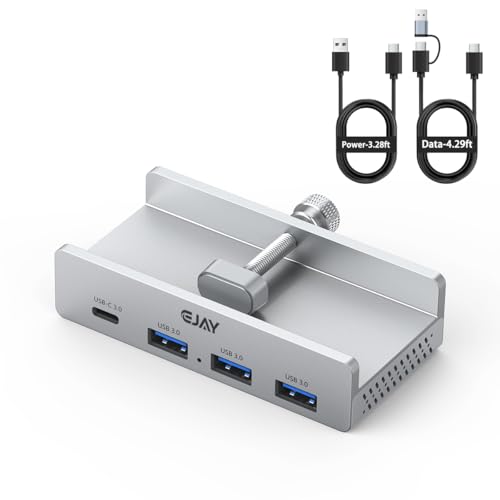 EJAY Clamp USB Hub for Desk & Monitor, 4-Port USB 3.0 Desktop Hub for iMac & MacBook, Mountable USB C Splitter for Home Office Setup, 59" Long Cable Under Desk USB Hub for Floor PC, Silver - color: Silver