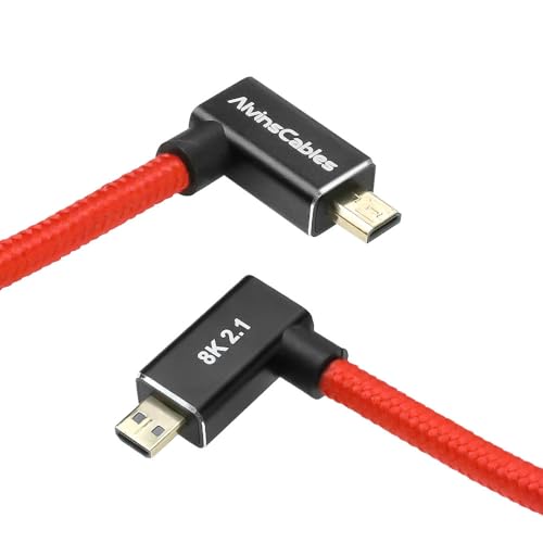 Alvin's Cables Right Angle Micro HDMI to HDMI Cable 8K@60Hz 4K@120Hz, Braided Coiled HDMI 2.1 for Sony A7RIII/A7II/A7M3, Canon R5/M6, Fujifilm X-T4/X-T3, GoPro, Nikon - Red Ultra Durable - color: Red, style: Right Angle micro HDMI