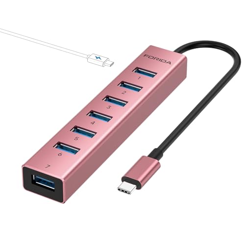 FORIDA USB C Hub-8 Port USB HUB with 7 USB3.0 Data Ports,Aluminum Alloy USBC Splitter with Type C 5V/3A Power Port Compatible with MacBook,iPad,Surface Pro,Laptop,PC (Rose Gold,USB C-9.8in) - color: 9.84in Rose gold, size: USB C