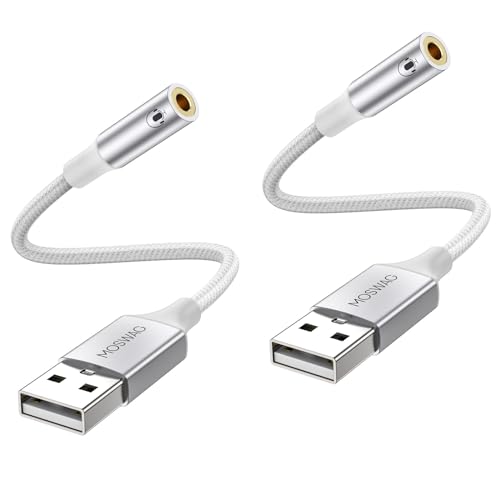 MOSWAG USB to 3.5mm Jack Audio Adapter,USB to Aux Cable with TRRS 4-Pole Mic-Supported PC to Headphone AUX Adapter External Sound Card for PC PS4 PS5 and More (0.65Ft/20cm(2pack), White) - color: White, size: 2 pack