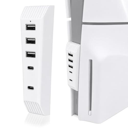 5-Port USB Hub for PS5 Slim and PS5 Pro Console, USB Expander Adapter with 3 USB 2.0 Ports and 2 Type-C Ports, Plug and Play USB Splitter Charger Hub Accessories for PlayStation 5 Slim/Pro - color: white