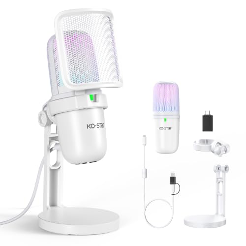 RGB USB Microphone, White Gaming Mic for PC, PS5, Laptop, Phone, Condenser Mic with Touch Mute, Pop Filter, Cardioid Pickup, Plug & Play for Streaming, Podcast, Recording, Gaming