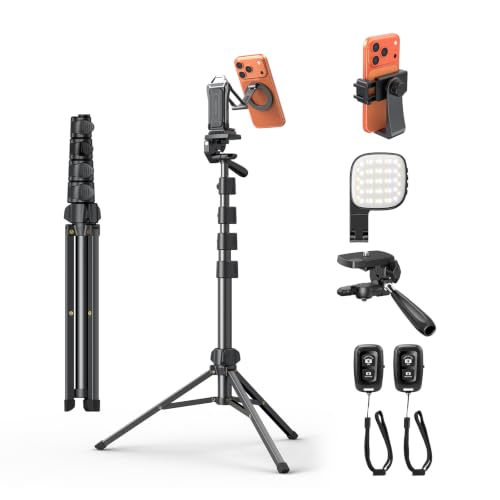 OMOTON TP02-Pro-PK 65" Magnetic Phone Tripod Kit with Fill Light & 2 Remote | Arca-type Base with a 1/4" Screw Hole, Adjustable Height, 10-level Adjustable Brightness, USB-C Charging, for iPhone 12-17 - color: 8-2-Black PK