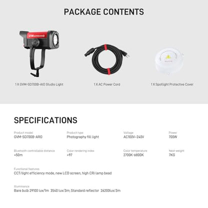 GVM 700W Spotlights LED Video Light,29100lux/1m(Bare Light),Photography Lighting Kit with APP Control, Continuous Lighting with Bowen Mount,CRI 97+, COB Lamp Beads,2700K-6800K - color: Red