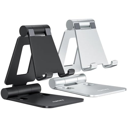 Nulaxy 2 Pack Fully Aluminum Dual Folding Cell Phone Stand, Adjustable Foldable Desktop Phone Holder for Desk Compatible with iPhone 17 16 15 14 13 12 11 Pro Max Xs Xr X 8, All Phones, Black & Silver - color: A-Black & Silver