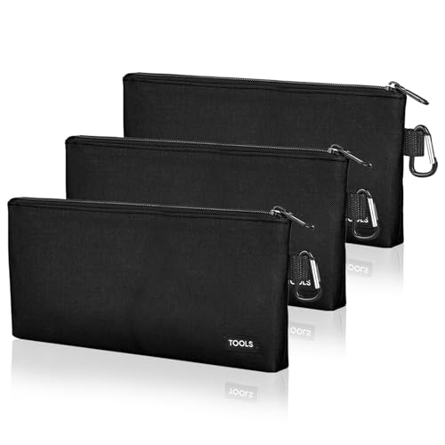 3 Pack Premium Tool Pouches Zipper Bag, Small Tools Bags with Carabiner, Heavy Duty Flat Bottom Utility Multipurpose Storage Organizer Bag for Tool, Stationary, Pencil - color: Black, size: 12"