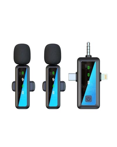 3 IN 1 Wireless Lavalier Microphones for iPhone/Android/Camera Devices(Lightning/USBC/3.5 mm Jack), 2 Pack Mini LED Display Lapel Mic with Mute/Reverb/Noise Reduction for Video Recording Vlogging