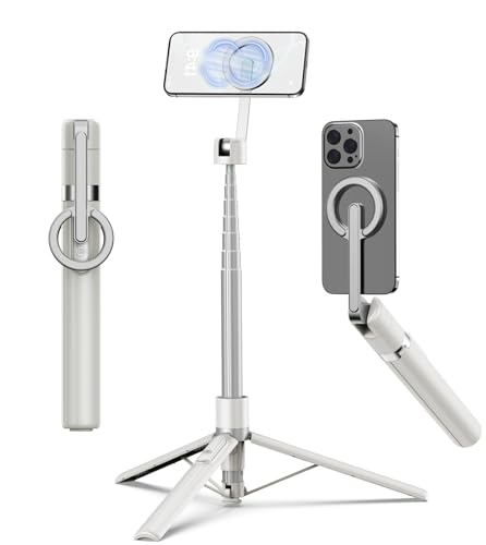 TONEOF 68" Magnetic Selfie Stick Tripod with Aluminum Strong Magnetic Holder for Magsafe, 360° Rotatable Travel Phone Tripod Stand with Metal Ring & Rechargeable Remote for iPhone/Android(Beige Gray) - color: Beige Gray