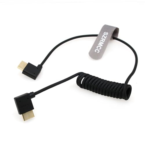 SZRMCC 8k 2.1 HDMI to HDMI Ultra High Speed Coiled Braided Cable for Z Cam E2 Sony FX6 FX9 Canon EOS C70 C300 Portkeys BM5 Atomos Ninjav V Shogun Monitor Left Right Angle - color: Black Braided Coiled,50cm, size: Left HDMI-Right HDMI