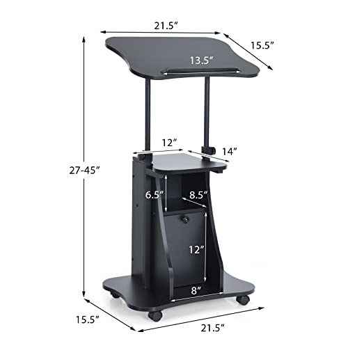 Tangkula Mobile Laptop Podium, Height Adjustable Sit to Stand Desk with Tilting Desktop & Storage Cabinet, Ergonomic Rolling Lectern Cart Laptop Desk, Office Podium Stand on Wheels - color: Black, size: 21.5" x 15.5" x 45"