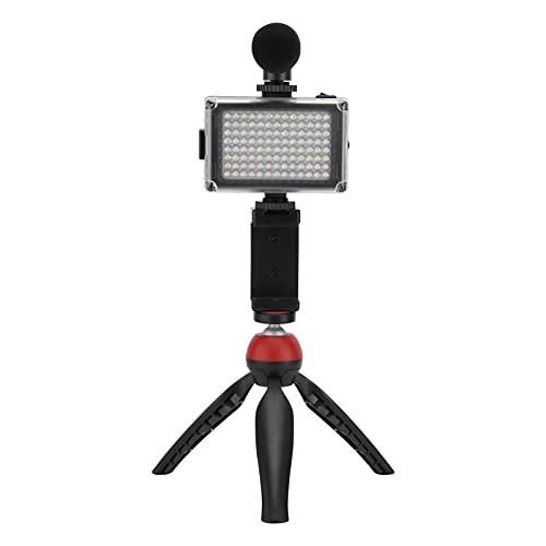 Portable Live Video Kit, Mobile Phone Photography Set with Fill Light Microphone Tripod and Phone Holder for Vlogging Live Streaming (Red) - color: Red