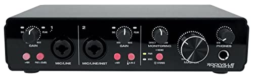 Rockville R-TRACK 2x2 Bundle: USB recording interface 24 Bit 192 kHz, (2) RMC-XLR dynamic mics, (2) PRO-M50 headphones, (2) RTMS21 desktop stands, RHPA4 headphone amp, 3 ft TRS cable, 9-items
