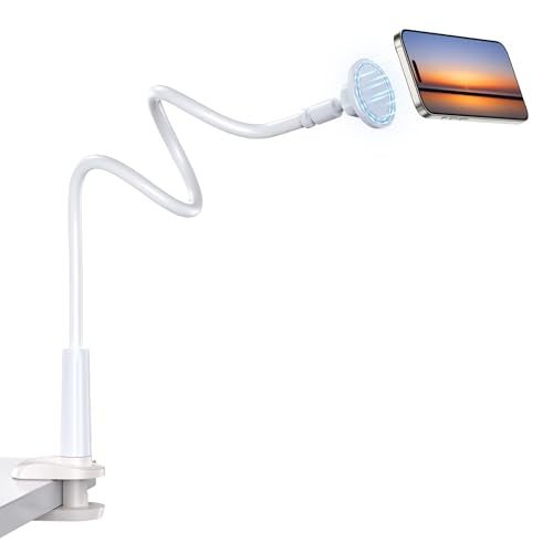 Magnetic Gooseneck Phone Holder Mount for iPhone 17/16/15/14/13/12 - Magnetic Stand Tabletop Clamp 360°Rotation Adjustable for Office/Home Compatible with iPhone 17 16 15 14 13 12 Mini Plus Pro Max - style: Mount + White
