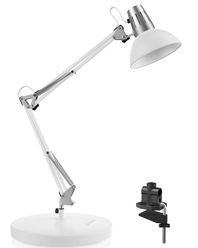 LEPOWER Metal Desk Lamp, Adjustable Goose Neck Architect Table Lamp with On/Off Switch, Swing Arm Desk Lamp with Clamp, Eye-Caring Reading Lamp for Bedroom, Study Room &Office (White) - color: White