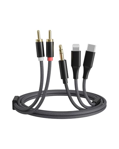 [3-in-1 RCA Audio Cable] Lightning/USB C/3.5mm to 2 RCA – Compatible with iPhone, Android, Home Theater, Car Stereo, Speaker, Amplifier (6FT) - size: 6FT