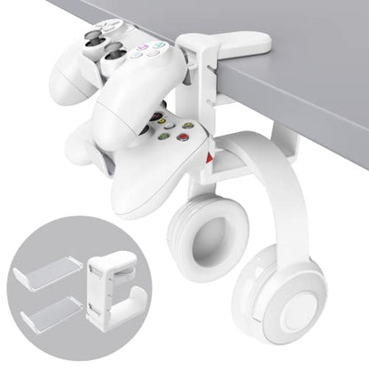 3-in-1 PC Gaming Headset&Controller Holder - EURPMASK Headphone Stand w/Adjustable Clamp&2 Controller Holder&Rotating Arm&Cable Organizer, Universal PC Gaming Accessory Controller Headset Stand-White - color: White