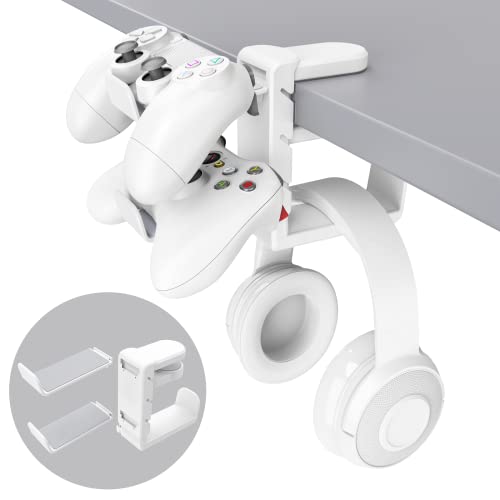 3-in-1 PC Gaming Headset&Controller Holder - EURPMASK Headphone Stand w/Adjustable Clamp&2 Controller Holder&Rotating Arm&Cable Organizer, Universal PC Gaming Accessory Controller Headset Stand-White - color: White