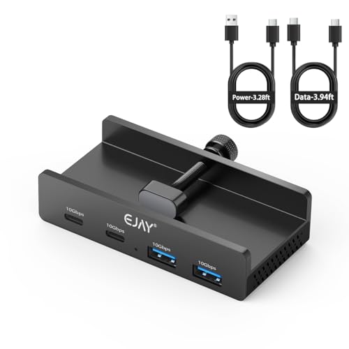EJAY 4Ports 10Gbps USB-C HUB USB3.2 Clamp USB HUB Splitter,Mountable USB-C Adapter with Data & Power Cable for iMac 2021 and later-10Gbps (Black) - color: Black