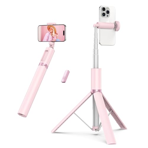 ATUMTEK 55" Selfie Stick Tripod, All-in-one Extendable Aluminum Phone Tripod with Rechargeable Bluetooth Remote for iPhone and More, Fitting 4.7-7 inch Smartphones, Pink