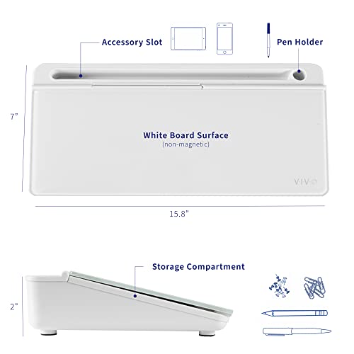 VIVO Glass 16 x 7 inch Dry Erase Board with Storage, Desktop Whiteboard Organizer with Hidden Compartments and Device Slot, DESK-WB16A - color: White