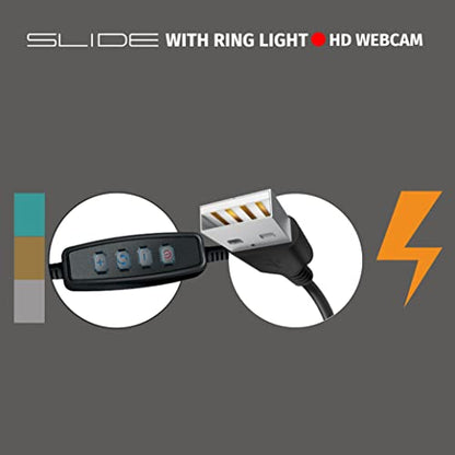 Slide 1080P HD Webcam with Portable Ring Light and Clamp-on Stand, Streaming Camera with Mic, 30 FPS, 30 Light Modes, 2 Flexible Arms, Secure Clamp, Includes Sliding Lens Cover and USB Cable - size: 1080P