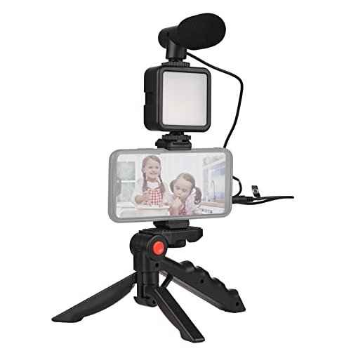 Mini Smartphone Vlog Kit with LED Video Light, Cardioid Microphone, Extendable Phone Clip, Adjustable Brightness Tripod for Live Streaming, Vlogging, Video Conferencing & Selfies
