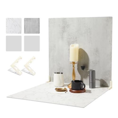 BEIYANG 2 PCS Photo Backdrop Boards with 2 PCS Brackets for Flat Lay or Food Photography Background - color: Marble+ Grey